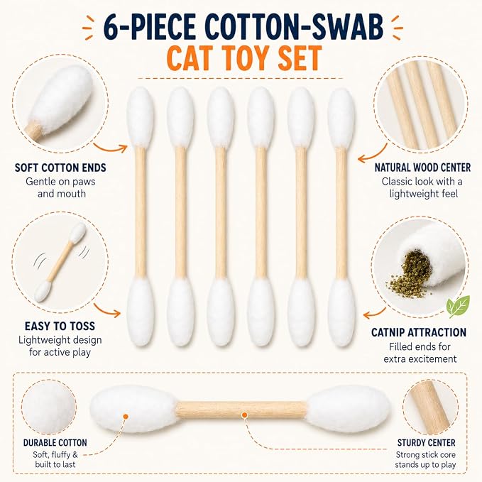 Cat Q Tip Toy with Catnip Cotton Swabs Qtip Cat Toy Pack Catnip Toys for Indoor Cats Giant Qtip Cat Toy Chew Sticks, Durable Felt Interactive