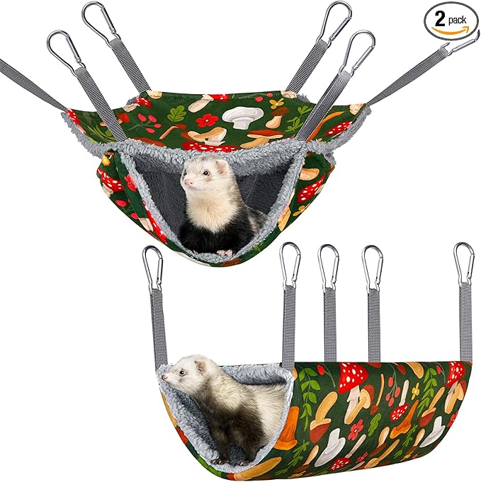 Bienbee 2 Pcs Ferret Rat Hammock Set for Cage Washable Guinea Pig Hideout Bed Soft Small Animal Hammock Tunnel Toys Ferret Cage Accessories for Hedgehog Sugar Glider Squirrel Hamster, Green Mushroom