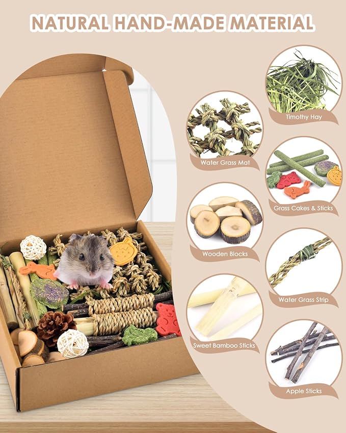 Bissap Rabbit Chew Toy, Natural Bunny Treats Snacks with Timothy Hay Water Grass Mat Chewing Bamboo Apple Sticks Box for Guinea Pigs Chinchillas Hamsters Gerbils and Other Small Pets Teeth Grinding
