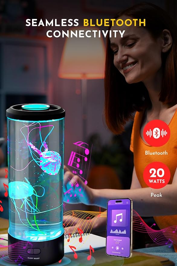 Brewish Jellyfish Lamp with 20W Bluetooth Speaker (Upgraded Motor 2025), 16 Color Changing Mood Lamp, 4 Modes Aquarium Night Light for Kids, Gift for Adults, Kids, Sensory Lights for Autistic Children