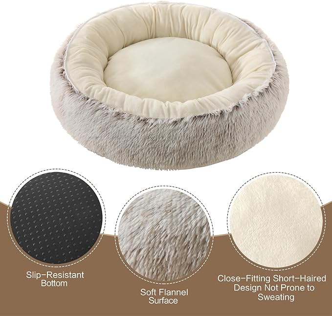 Calming Donut Dog Bed Cat Bed, Fluffy Long Fur Outer & Short Fur Inner, Sweat-Free Cozy Cuddler, Non-Slip Bottom,for Small Medium Dogs Cats Puppy Kitten (Donut Bed - Coffee Color, Large Size 23.6 in)