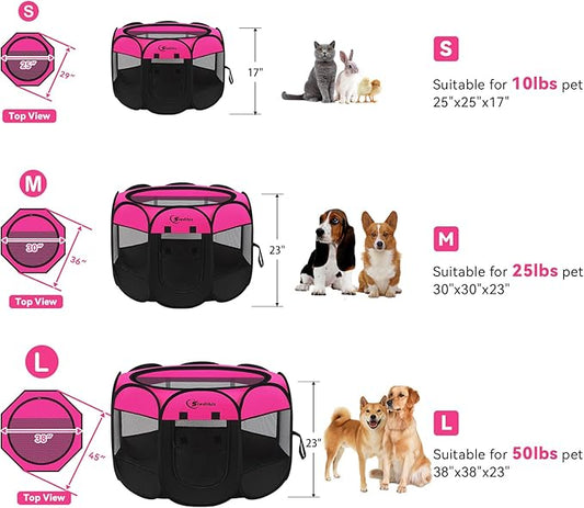 Siedihit Dog Playpen, Medium Puppy Pet Playpen, Dog Crate Tent Cage Indoor/Outdoor, Portable Pop Up Dogs Kennel Playpen with Carrying Case for Dogs/Cats/Rabbits, Hot Pink