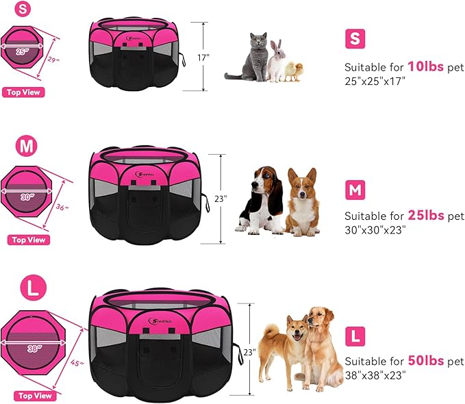 Siedihit Dog Playpen, Puppy Pet Playpens Indoor for Small Dogs Tent Crates Cage Indoor/Outdoor, Portable Pop Up Dog Kennel Playpen with Carrying Case for Dogs/Cats/Rabbits, Hot Pink