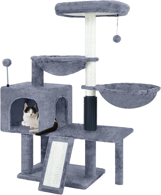 Cat Tree with Cat Condo and Hammock,Cat Tower with Self-Grooming Brush,Toy Balls,Scratching Posts and Scratching Pads,Cat Tree Tower for Indoor Cats,Grey