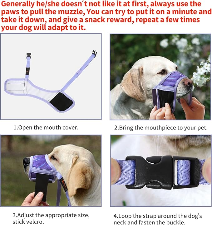 HEELE Dog Muzzle,Soft Nylon Muzzle Anti Biting Barking Chewing,Air Mesh Breathable Drinkable Adjustable Loop Pets Muzzle for Small Medium Large Dogs 4 Colors 4 Sizes (P-Meteor Purple, M)