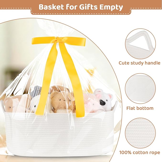 OIASKET Large Empty Gift Baskets for Baby Shower, 18.9" L x 13.8" W x 7.8" H Cute Woven Storage Basket with Gift Bags and Ribbons, Small Rope Toy Basket with Handles, Cat Dog Pet Toy Organizer - White