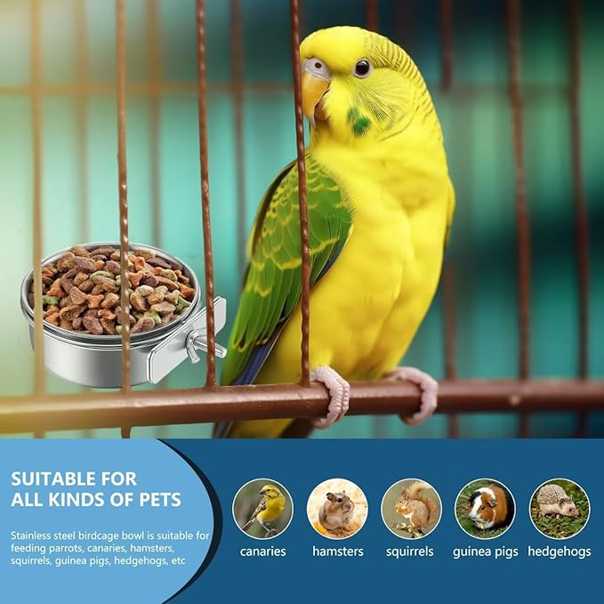 Stainless Steel Bird Feeding Bowls, 2Pcs Small Bird Feeding Cup with Holder, Parrot Food Bowl Cage Water Feeder, Pet Cage Cup Holder for Parrots, Canaries, Hamsters (Dia 7.09", 6.3")