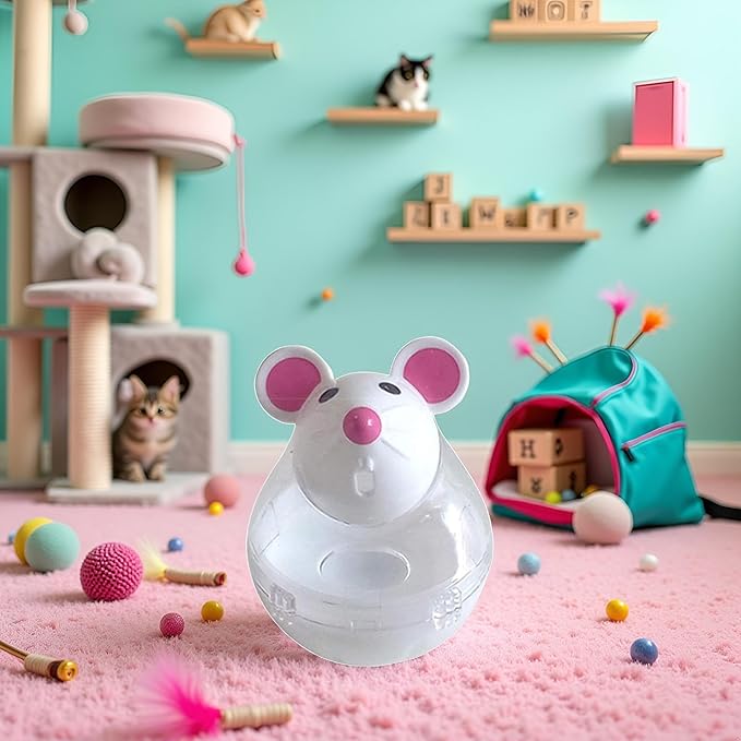 White Interactive Toys for Cats, Cat Food Balls Slow Feeder Mice Shaped Tumbler, Pet Kitten Mouse Shape, Food Storage Dispenser, Feeder, for Indoor and Kitten Exercise