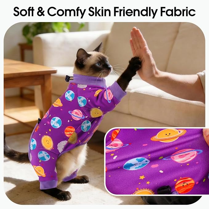 DENTRUN Cat Clothes for Hair Control with Hair Sticky Fabric - Soft Recovery Suit & Breathable Lint-Resistant Cat Sweater for Cats Only, Kitten Onesie Pajamas, XL, Purple