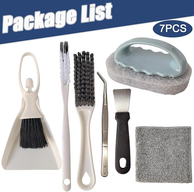7PCS Bearded Dragon Tank Cleaning Kit, Specialized Cleaning Tool Set for Reptile Tanks, Includes Curved Tweezers, Glass Scraper, Desktop Dustpan, Tile Brush, Charcoal Cloth, Gap Brush, and Scraper