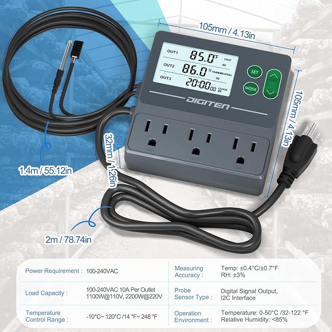 DIGITEN Temperature and Humidity Controller with Timer,3 Outlet Dual Probes | 3-Stage Outlet Control Temp,Humidity & Timer Separately,Digital Thermostat Outlet for Reptile,Aquariums,Mushroom,Greenhouse