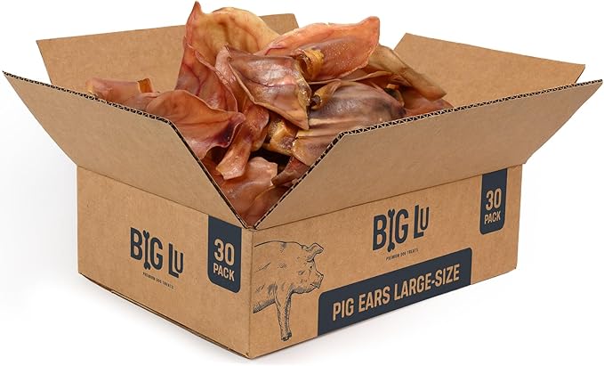 Big Lu – Whole Pig Ears for Dogs, Bulk 30 Count, All-Natural Single-Ingredient Pork Treats for Medium and Large Dogs, Easily Digestible, Supports Joint Health with Glucosamine and Chondroitin