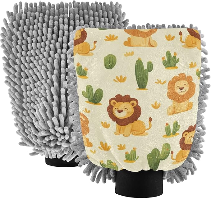 Car Wash Mitt Microfiber Wash Mitts for Car Washing Scratch-Free Cleaning Gloves Soft Non Absorbent Chenille Auto Hand Mitt Medium 2Pack Cute Yellow Lion and Cactus