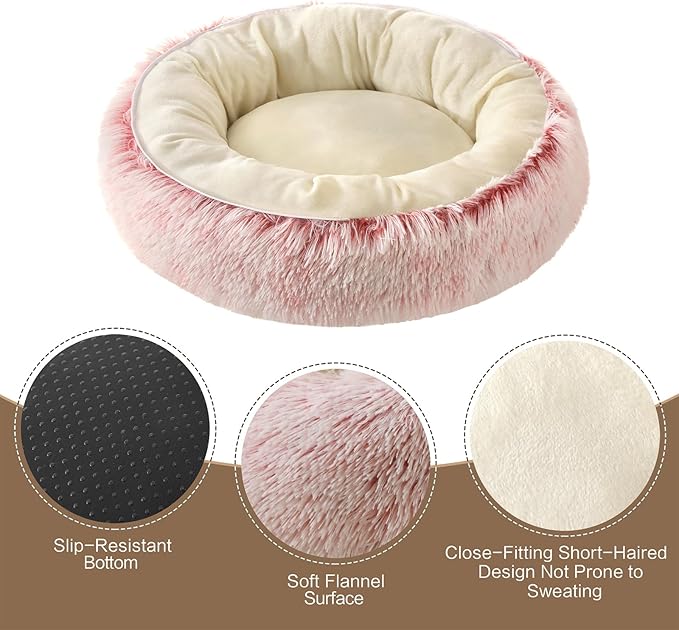 Calming Donut Dog Bed Cat Bed, Fluffy Long Fur Outer & Short Fur Inner, Sweat-Free Cozy Cuddler, Non-Slip Bottom,for Small Medium Dogs Cats Puppy Kitten (Donut Bed - Pink, Large Size 23.6 in)