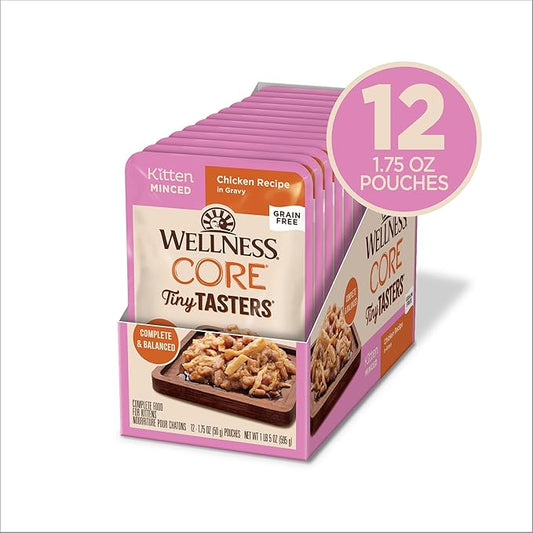 Wellness CORE Tiny Tasters Minced Kitten Wet Cat Food,Natural,Protein-Rich,Grain Free,1.75-Ounce Pouch,(Chicken),(Pack of 24)