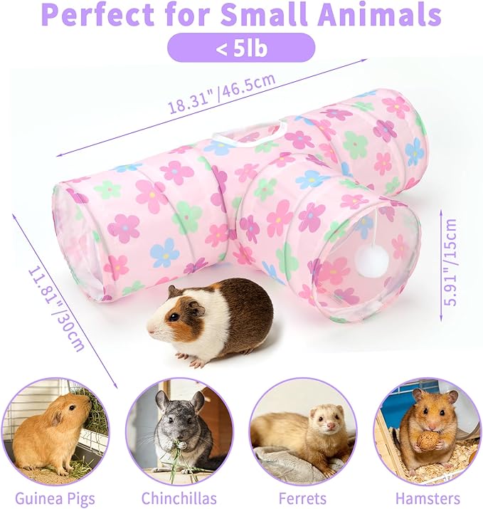 Rypet 3-Way Guinea Pig Tunnel, Collapsible Small Animal Enrichment Toy with Ball, Foldable Rabbit & Hamster Tunnel for Boredom Relief, Washable, Indoor/Outdoor Play