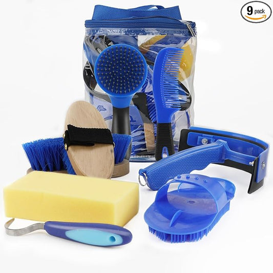 9 Pieces Grooming Kit with Tote Bag - Horse Brush Set, Sweat Scraper, Sponge, Hoof Pick, Curry Comb for Riders and Beginners (Blue)