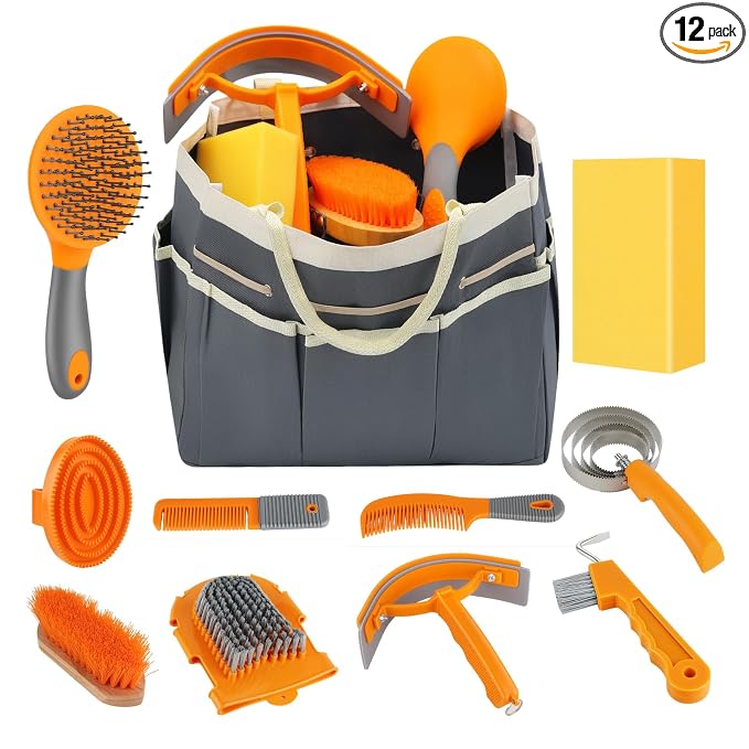 Professional Horse Brush Kit with Storage Tote, 12-Piece Grooming Set for Daily Stable Care, Includes Curry Comb, Hoof Pick & Mane Brush