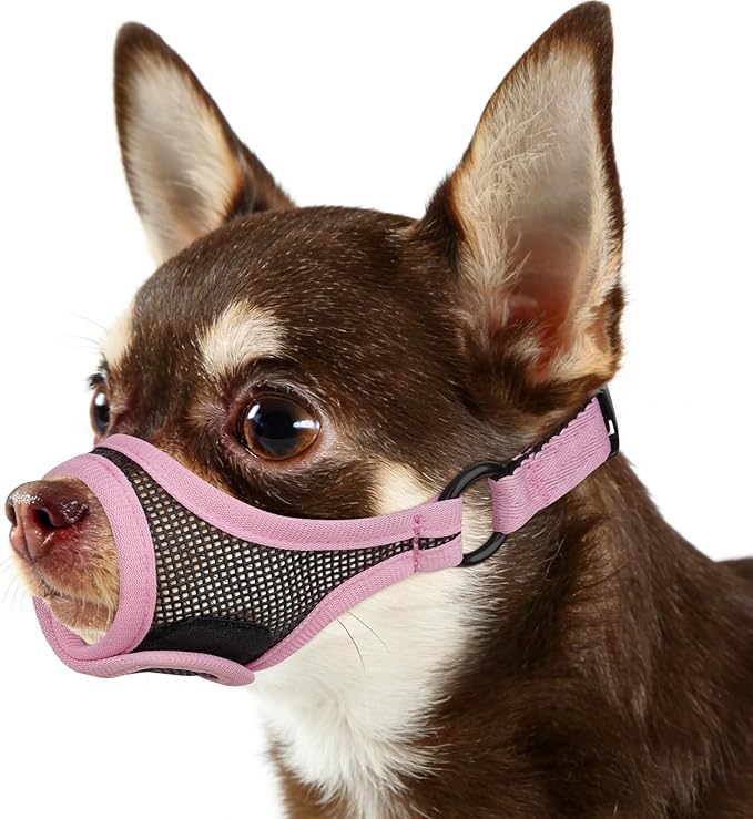 Mayerzon Mesh Dog Muzzle for Short Snout Small Dogs, Adjustable Muzzle for Chihuahua Yorkshire Shih Tzu, Prevent Fierce Barking Biting Eating, for Grooming Vet Visits, Allow to Pant Drink (Pink, XS)