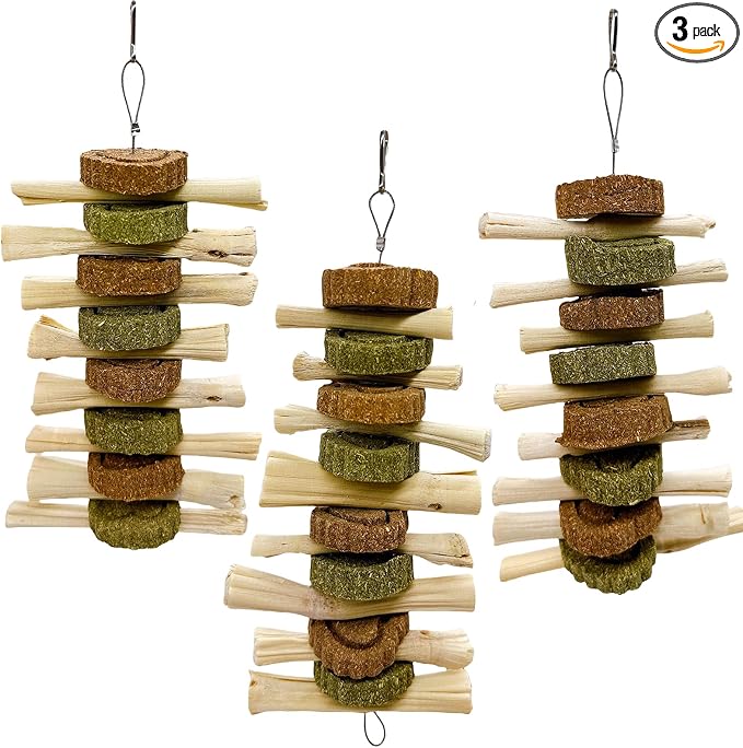 Hamiledyi 3Pcs Bunny Chew Toys for Teeth Bunny Hanging Grinding Cake Natural Sweet Bamboo Sticks Timothy Alfalfa Hay & Carrot Cake for Rabbit Guinea Pig Chinchilla Gerbil Improve Dental Health