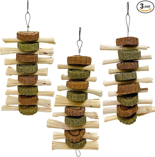 Hamiledyi 3Pcs Bunny Chew Toys for Teeth Bunny Hanging Grinding Cake Natural Sweet Bamboo Sticks Timothy Alfalfa Hay & Carrot Cake for Rabbit Guinea Pig Chinchilla Gerbil Improve Dental Health