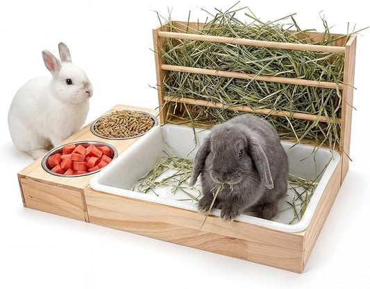 3-in-1 Rabbit Hay Feeder, Rabbit Litter Box with Hay Feeder and Bowls, Guinea Pig Hay Feeder, for Rabbits, Guinea Pigs, Small Animals