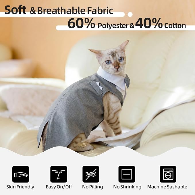 QBLEEV Cat Tuxedo Outfit with Bow Tie, Sphynx Cat Costume Formal Suit Wear | Soft breathable, stylish hairless clothes for cats only, kitten wedding birthday party shirt apparel for male boy