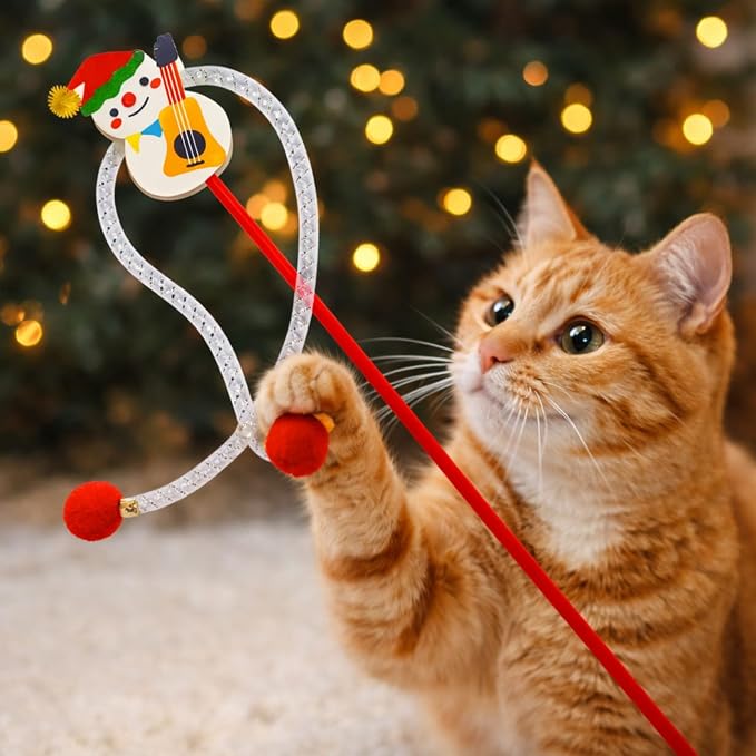 Christmas Cat Toy Wand Set of 2 – Interactive Cat Teaser Wands with Snowman and Christmas Tree Designs, Holiday Cat Toys with Bells and Pom-Poms for Indoor Cats and Kittens