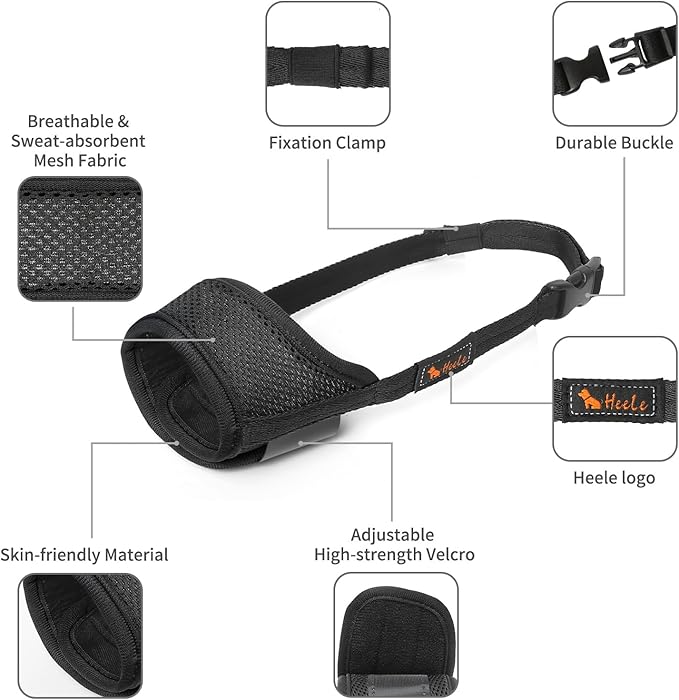 HEELE Dog Muzzle,Soft Nylon Muzzle Anti Biting Barking Chewing,Air Mesh Breathable Drinkable Adjustable Loop Pets Muzzle for Small Medium Large Dogs 4 Colors 4 Sizes (Black, XS)