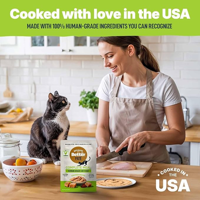 Because It’s Better Pate Complete Meal - Wet Cat Food - Real Chicken Recipe - Organic, Balanced, Smooth Pate Texture, Human-Grade Ingredients, Grain Free, 2.6 oz Pouches (12 Count)
