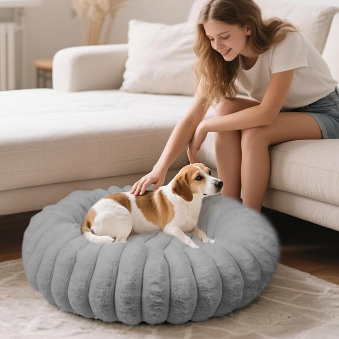 Donut Dog and Cat Bed, Luxurious Comfortable Faux Rabbit Fur Pet Beds, Round Anti-Anxiety Calming Puppy Kitten Bed with Anti-Slip Bottom for Small Medium Dogs & Cats(36", Brown)