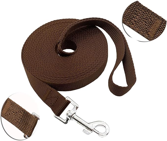Nylon Training Dog Leash for Small Medium Large Dogs, 15ft 20ft 30ft 50ft Long Leash Dog/Puppy Lead for Obedience Recall Training, Camping (1" x 20ft, Brown)
