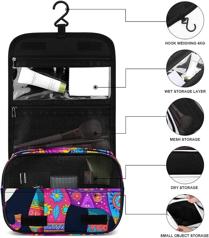 Hanging Travel Toiletry Bag Foldable Cosmetic Bag with Multiple Compartments for Toiletries, Accessories (Elephant Butterfly)