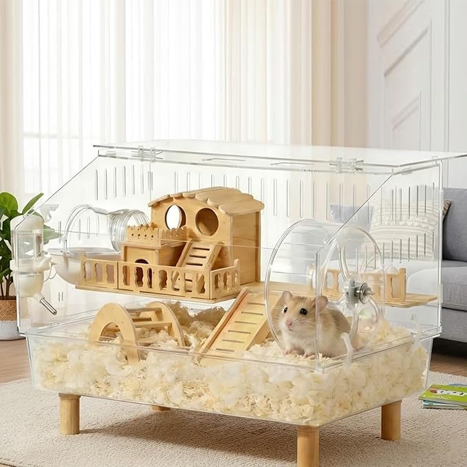 Clear Acrylic Hamster Cage - Easy to Clean All-in-One Habitat for Dwarf Hamsters, Mice and Gerbils, Includes 18cm Silent Wheel & Full Accessories, 18.5" x 11.8" x 14.6"