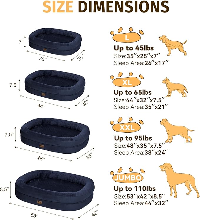 Orthopedic Dog Bed for Large Dogs, Waterproof Dog Bed for Large Size Dogs with Bolsters, Egg Crate Foam Sofa Bed with Washable Removable Cover & Non-Slip Bottom, Navy