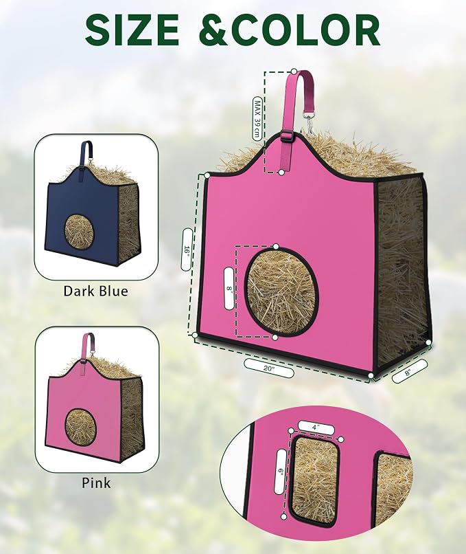 Hay Feeder for Goats and Horses - Slow Feed Design, Heavy Duty Hanging Hay Bag for Barn, Trailer & Paddock, Easy to Hang & Clean(3pcs, Pink)