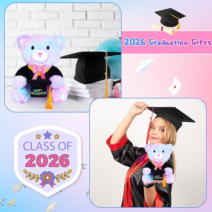 Graduation Bear Plush, 9 Inch Graduation Stuffed Animal 2026 with Cap Colorful Tie Dye Bear Plush, Graduates Graduation Party Gifts for Kindergarten Elementary High School College