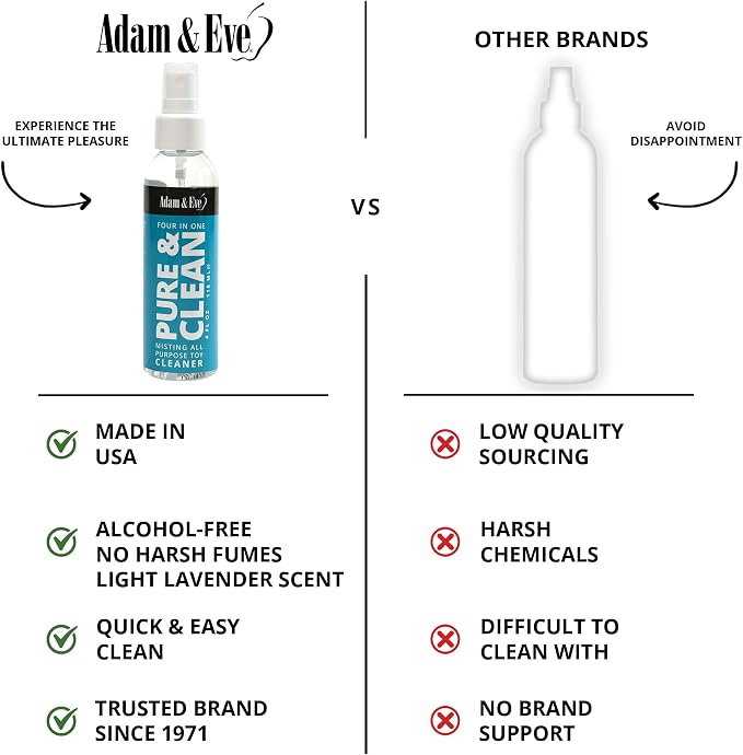 Adam & Eve Sex Toy Cleaner, 4 In 1 Pure And Clean Misting Spray, Fast Acting Misting Spray For Adult Toys, Vibrators, Dildos, Fresh Scent, Water Based Formula Perfect for Gifting, No Residue, 4 oz