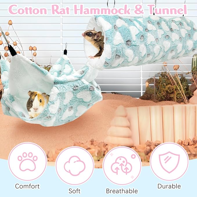 PINVNBY 3 PCS Ferret Rat Hammock Set Hanging Guinea Pig Hideout Bed Small Animals Tunnel Toy Ferret Cage Accessories for Hamster Squirrel Sugar Glider Chinchilla (Green)