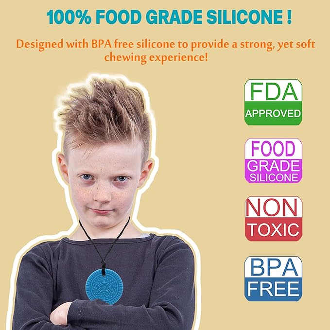 Chewy Necklaces for Sensory Kids, 2 Pack Silicone Chew Necklace Sensory Necklaces for Boys with Chewing, Autism, ADHD, SPD, Oral Motor Anxiety Pendant for Adults