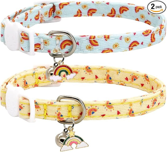 Cat Collars for Girl Cats & Boys, 2 Pack Soft Cotton Breakaway Collar with Removable Bell and Cute Charms, Adjustable Safety Pet Necklace, Rainbow