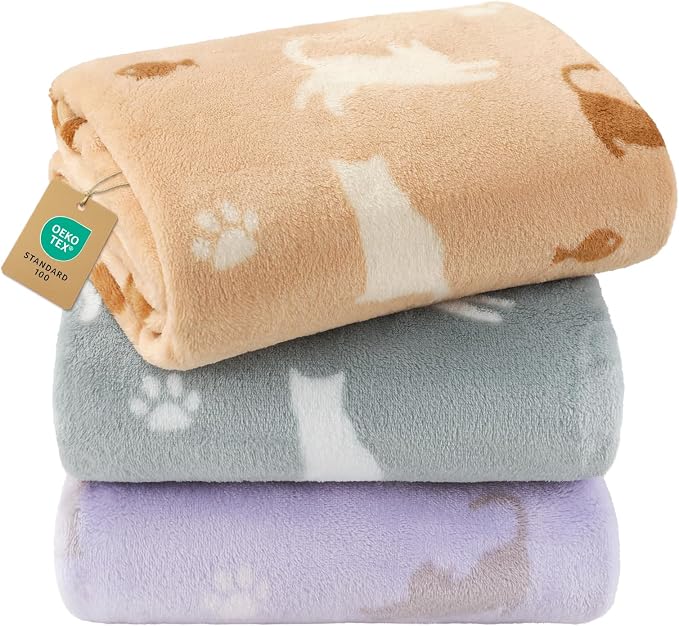 Luciphia 3 Pack Cat Blankets, Soft Fluffy Fleece Blanket with Cute Cat Print, Cozy Small Pet Throw Blanket for Cat Bed Carrier Couch Travel, Machine Washable, Purple/Grey/Khaki, 41x31