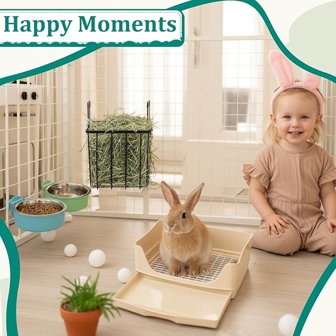 Leinuosen 4 Pcs 4 in 1 Rabbit Hay Feeder with Litter Box 2 Hanging Bowl,Rabbit Litter Box Metal Hay Rack Bunny Guinea Pig Hays Holder Bunny Bedding Toilet for Guinea Pig Chinchilla Other Small Animal