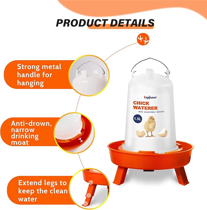 Eggluuz Chick Feeder and Waterer Kit, Top Fill 1.5kg Chick Feeder and 1.5L Chick Waterer with 3 Adjustable Heights