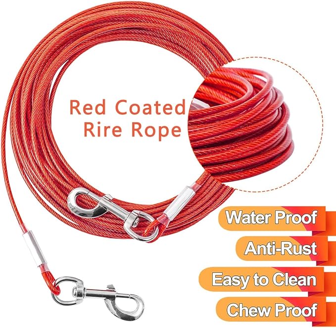 Tie Out Cable for Dogs,10/20/30/50/100FT Dog Leads for Yard Chew Proof,Heavy Duty Tie Out Cable for Large Dogs Up to 125lbs,Dog Runner Tether (Red, 125Ibs 20ft)