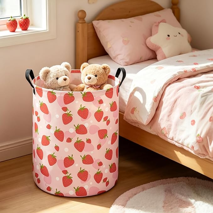 Collapsible Fabric Storage Basket, Waterproof Laundry Hamper with Handles, Round Storage Bin for Clothes Toys, Foldable Organizer for Bedroom Nursery Bathroom(Round-Pink Strawberry)