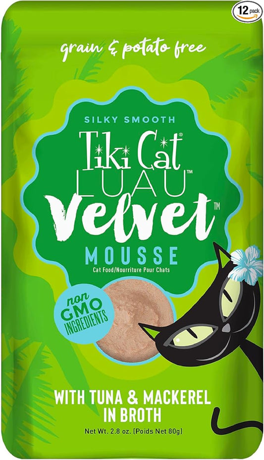 Tiki Cat Luau Velvet Mousse, Tuna & Mackerel in Broth, Complete Nutrition for Balanced Diet, Wet Cat Food For All Life Stages, 2.8 oz. Pouch (12 Count)