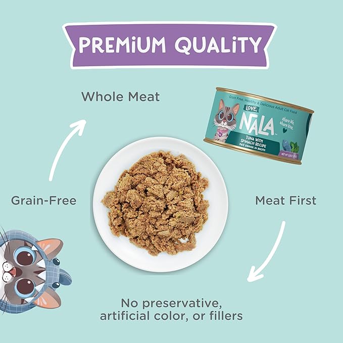 LOVE, NALA - Natural Adult Cat Wet Food - Tuna Pate with Spinach Recipe - 2.8 oz, Pack of 24 Cans - Grain-Free, Non-GMO, No Gums, No Carrageenan