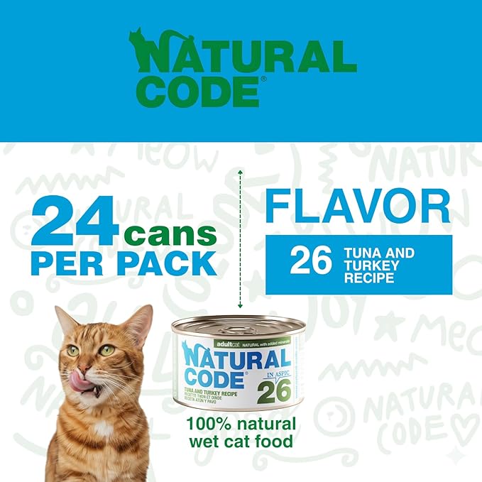 Natural Code - 24 Pack Wet Cat Food, Limited Ingredient Cat Food, High-Protein, Non-GMO, No Artificial Additives, Made in Italy, Tuna & Turkey in Aspic for Adult Cats, 3 oz