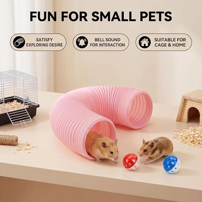 Hamster Collapsible Tunnel Tube Toys with 4 Bell Balls, Expandable Small Animal Hideout Exercise Toy 7.8inch Unextended 32.7inch Extended for Guinea Pig Gerbil Rat Ferret (Pink)